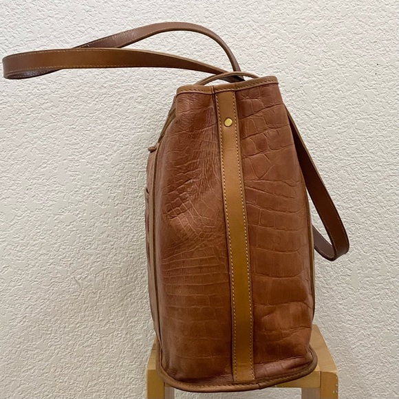 Vintage BRAHMIN Brown Embossed Croc Leather Medium Tote Shoulder Bag - Picture 5 of 16